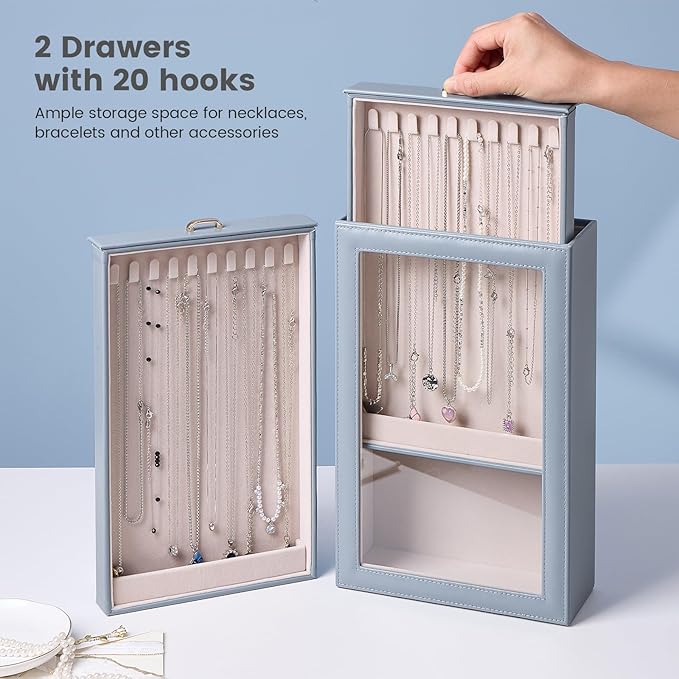 Lolalet Necklace Organizer Box, Jewelry Storage Box with Clear Window for Necklaces Bracelets, Tangle-Free Necklace Display C