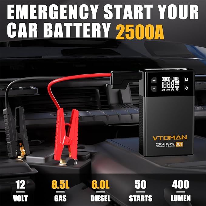 VTOMAN X1 Jump Starter with Air Compressor, Car Battery Jumper Starter (2500A, Up to 8.5L Gas/6L Diesel Engine) with 150PSI