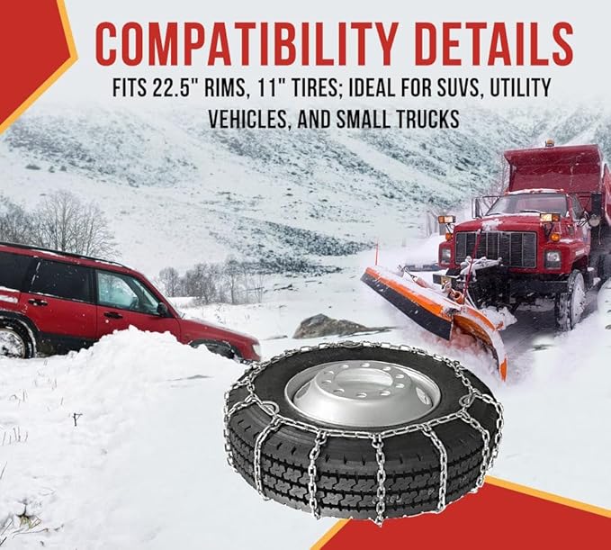 Mytee Products 2 Pair CAM Square Link Snow Chains Compatible w/ 22.5" Rim Diameter & 11" Wide Car Pickup Low-Duty Trucks SUV 