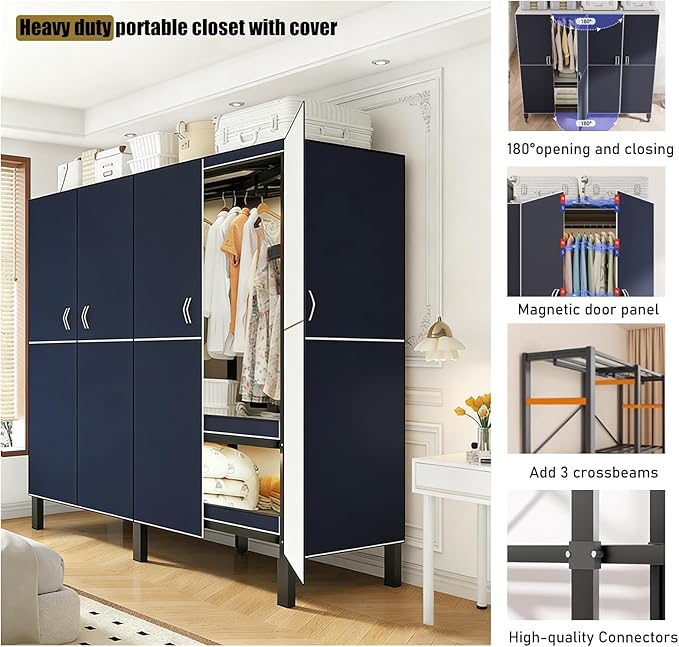 Foldable Portable Wardrobe On Wheels, Freestanding Garment Rack, with Magnetic Door 2000lbs, Heavy Duty Clothes Rack, for Bed