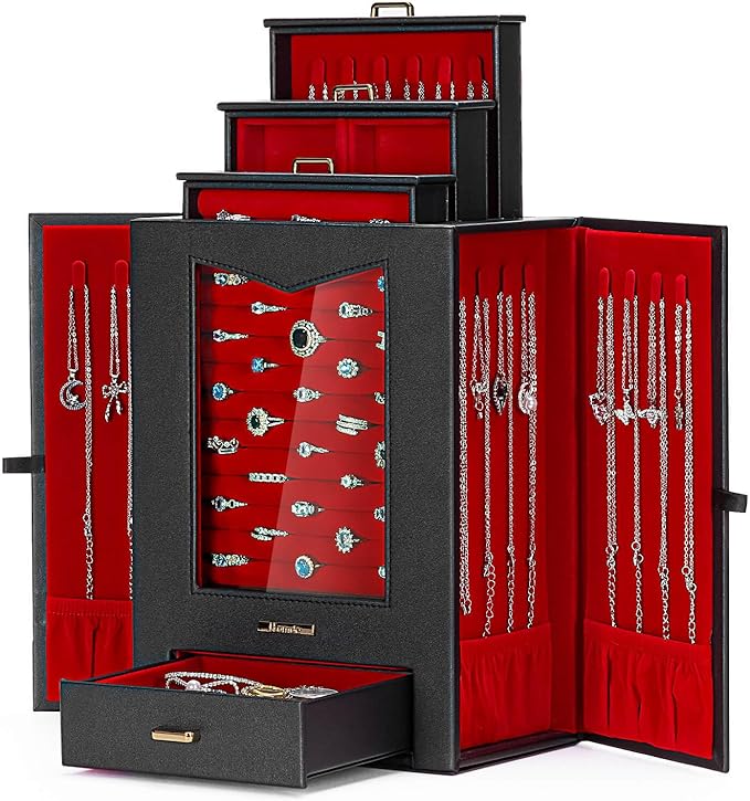Homde Jewelry Organizer with Transparent Window Necklace Hooks Gift for Women Jewelry Box Display Case for Necklaces Rings Ea