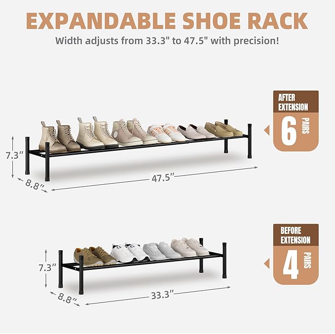 STORAGE MANIAC Long Expandable Shoe Rack, 6 Pairs Metal Wide Stackable Shoe Rack, Adjustable Shoes Shelf, Freestanding Shoes 