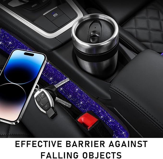2PCS Bling Car Seat Gap Filler, Sparkling Rhinestone Side Seat Gap Blocker Stop Things from Dropping, Soft Foam Car Truck Filler Blocker Fill The Gaps Between Seats and Console (Blue)