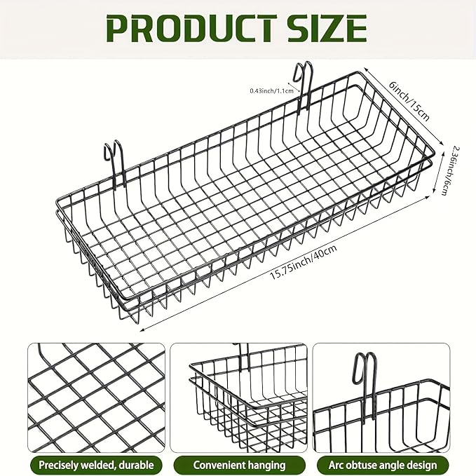 4 Pack 15.75 x 6 x 2.36 Inch Metal Grid Wall Baskets with Hooks, Hanging Wire Grid Basket, Multi-Function Wall Mounted Organi