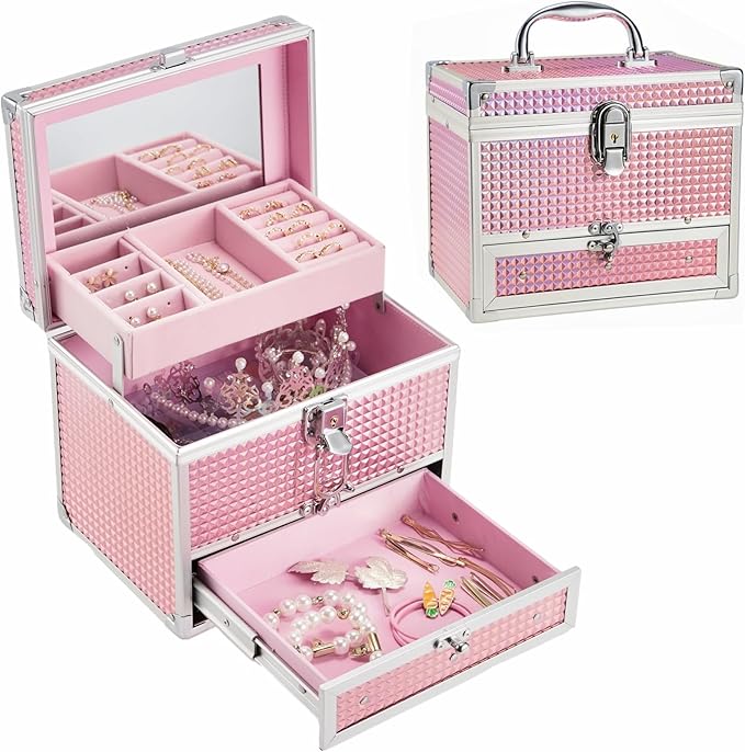 Hododou Girls Jewelry Box Organizer with Drawer & Mirror, Shiny Pink Style Lockable Storage Case for Kid or Little Girls Jewe