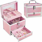 Hododou Girls Jewelry Box Organizer with Drawer & Mirror, Shiny Pink Style Lockable Storage Case for Kid or Little Girls Jewe