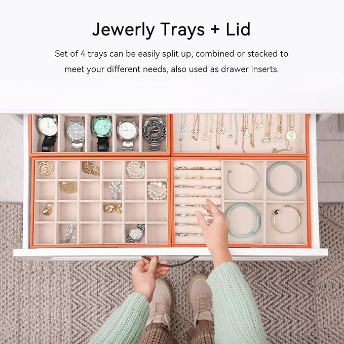 Voova Stackable Jewelry Organizer Tray with Lid, PU Leather Jewelry Storage Holder for Drawer Inserts, Jewellery Display Box 