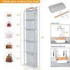 Syeeiex Hanging Handbag Purse Organizer with Zippers, 5 Mesh Shelves,Clear Slubbed Fabric+PVC Hanging Closet Bag Organizer, D