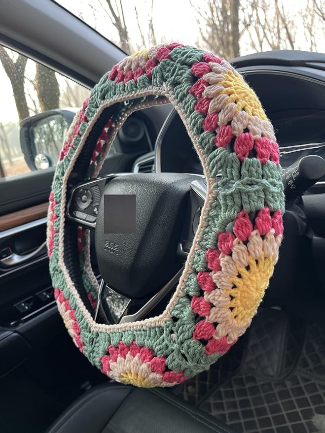 Crochet Sunflower Car Steering Wheel Covers Universal 14-15 inch for Women/Men (B:Steering Wheel Cover)
