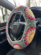 Crochet Sunflower Car Steering Wheel Covers Universal 14-15 inch for Women/Men (B:Steering Wheel Cover)