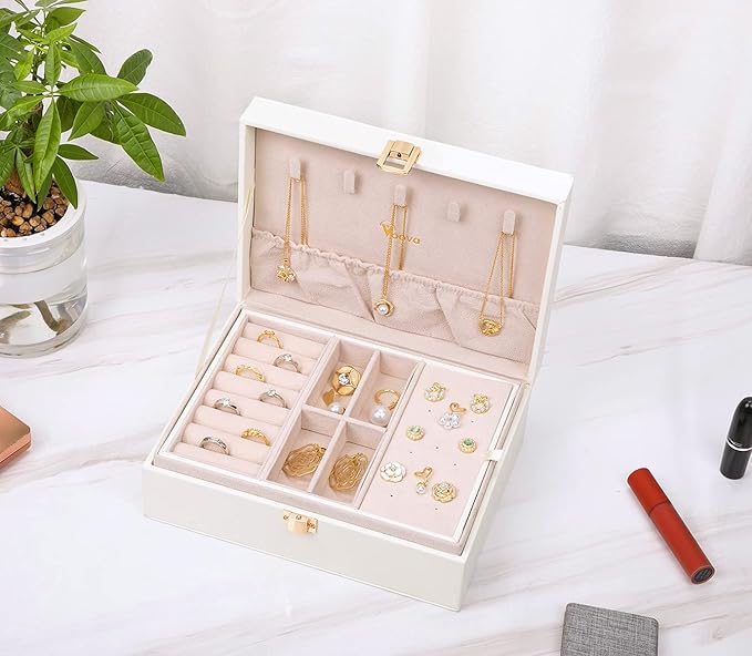 Voova Jewelry Box Organizer for Women Girls, 2 Layer Large Men Jewelry Storage Case, PU Leather Display Jewellery Holder with
