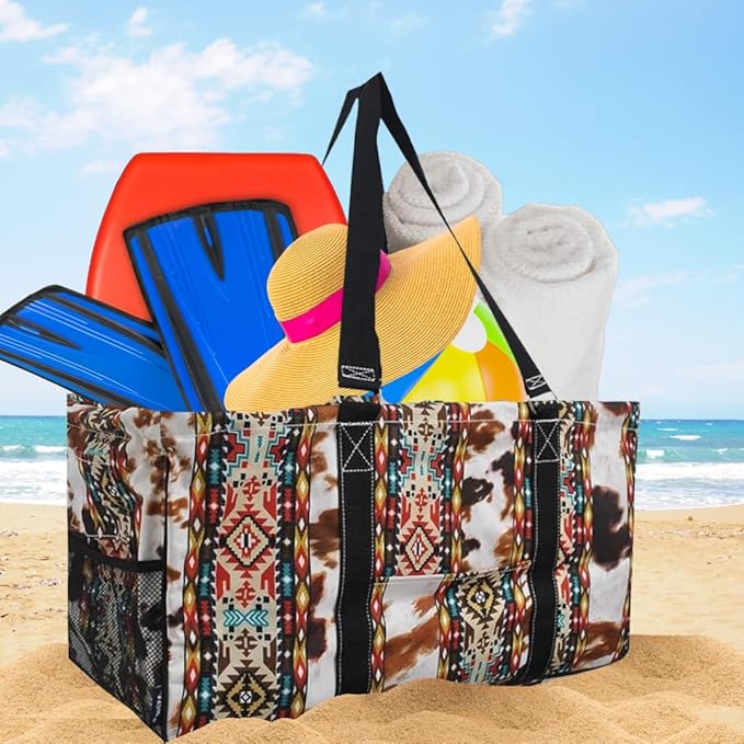 NGIL Extra Large Utility Tote Reusable Grocery Organizing Bag Oversized Collapsible for Storage, Picnic,Car, Beach (Tribal-black)