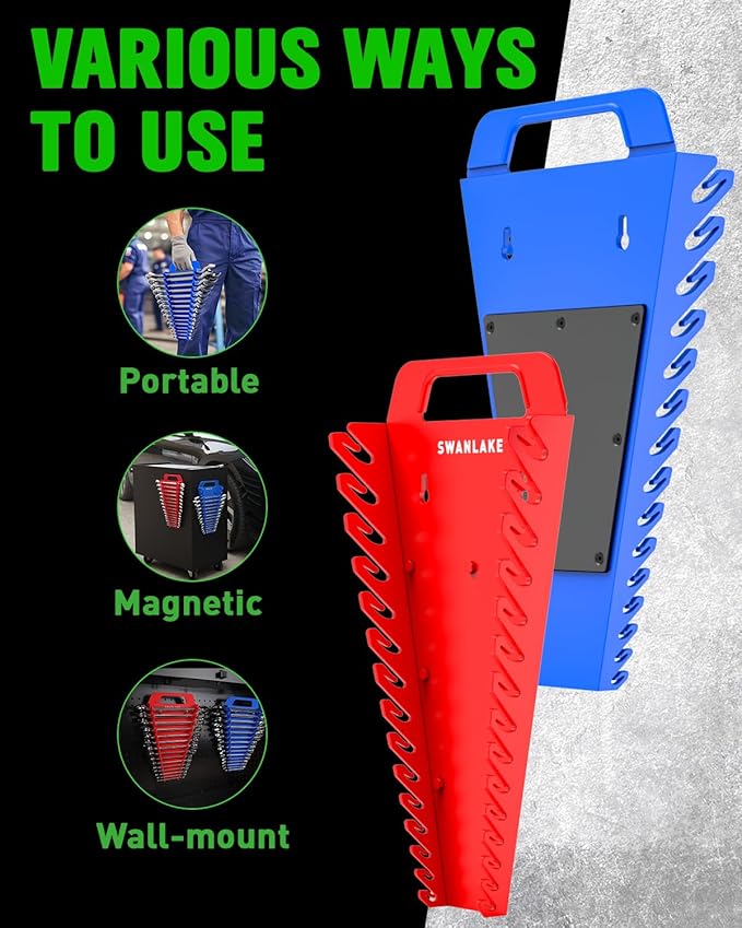 SWANLAKE Magnetic Wrench Organizer Toolbox Holder, 4-Pack SAE (1/4'' to 1-1/16''), Metric (6mm to 27mm) Wrench Organizers, To