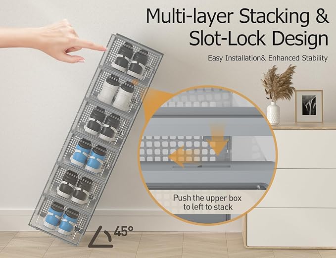 Kuject XX-Large Shoe Storage Boxes Organizers Clear Plastic Stackable 12 Pack, Shoe Rack & Holder Substitute, Sneaker Contain