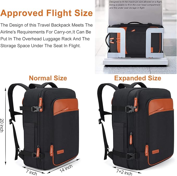 Lumesner Carry on Travel Backpacks, Extra Large 40L Flight Approved Bag for Men & Women,Expandable Suitcase Backpack With 4 P