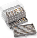 SPAKOWN Ring Box Display Holder, Clear Velvet Jewelry Storage Tray Organizer for Ring Stud Earring (Grey - 5 Drawers)