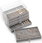 SPAKOWN Ring Box Display Holder, Clear Velvet Jewelry Storage Tray Organizer for Ring Stud Earring (Grey - 5 Drawers)