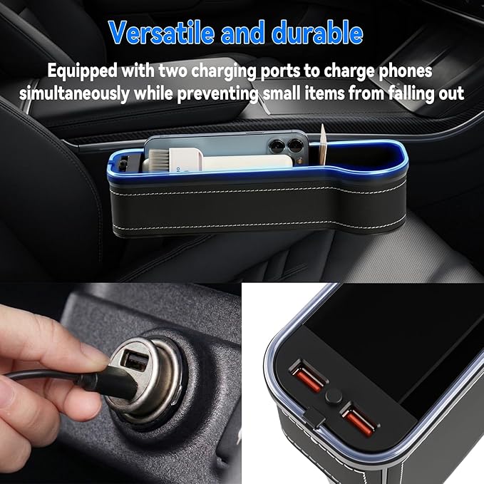 2 Pack Car Seat Gap Organizer Filler Multifunctional Seat Gap Storage Box with USB Fast Charger Car Seat Pockets with Led Light Car Seat Gap Filler with Cup Holder