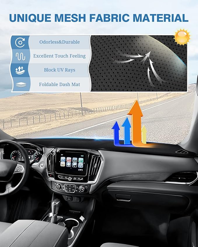 FIILINES Dash Cover for Chevrolet Traverse 2018–2023, Dashboard Mat Cover Sunshade Nonslip Mesh Protector No Glare Black