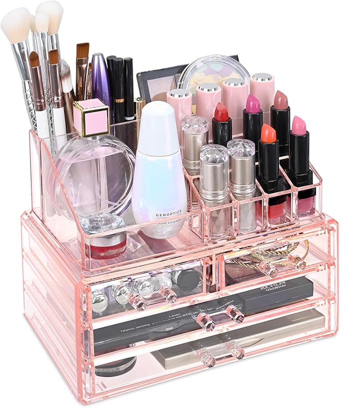 Ikee Design Pink Jewelry & Cosmetic Storage Display Boxes Two Pieces Set, Pink Cosmetic Jewelry Organizer Makeup Holder, Orga