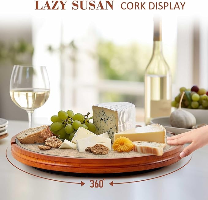 Maxdot Wine Cork Holder Decorative Wine Lover Creative Wedding Gifts for Couples Wooden Lazy Susan for Countertop with Glass 