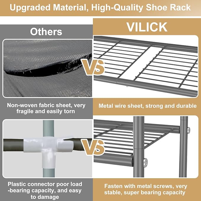 VILICK 3 Tier Shoe Rack 33" Wide Metal Shoe Organizer Long Shoe Storage with 4 Side Hooks Sturdy Shoes Shelf for Front Door E
