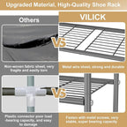 VILICK 3 Tier Shoe Rack 33" Wide Metal Shoe Organizer Long Shoe Storage with 4 Side Hooks Sturdy Shoes Shelf for Front Door E