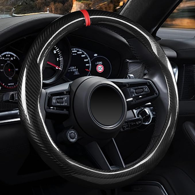 Labbyway Carbon Fiber Steering Wheel Cover, Universal 15 inch, Breathable, Anti-Slip, Warm in Winter and Cool in Summer, Blac