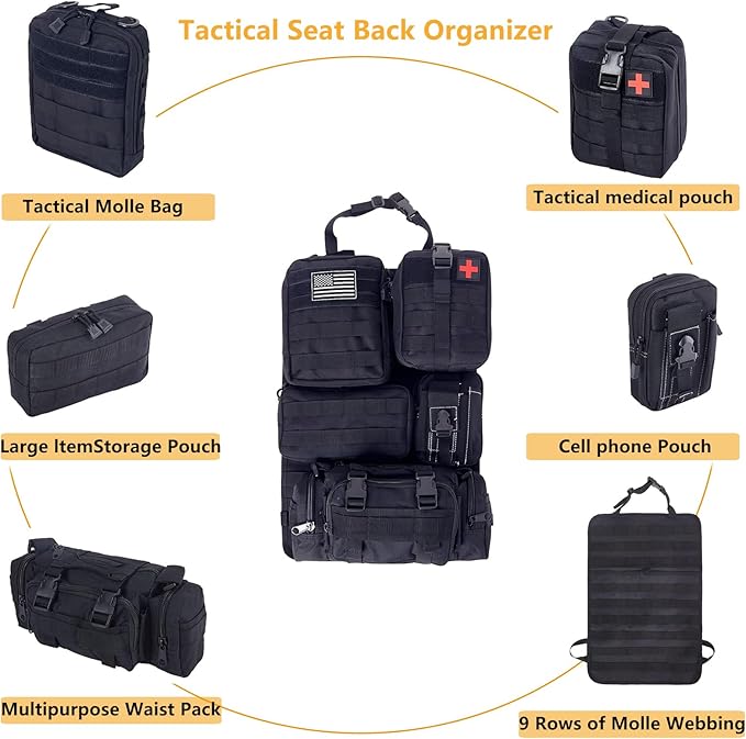 tactical car seat back organizer and storage truck seat covers with a Molle Vehicle Panel and 5 Different Size Molle Pouches for most models such as Jeep,SUV,Pickup(Black)
