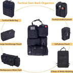 tactical car seat back organizer and storage truck seat covers with a Molle Vehicle Panel and 5 Different Size Molle Pouches for most models such as Jeep,SUV,Pickup(Black)
