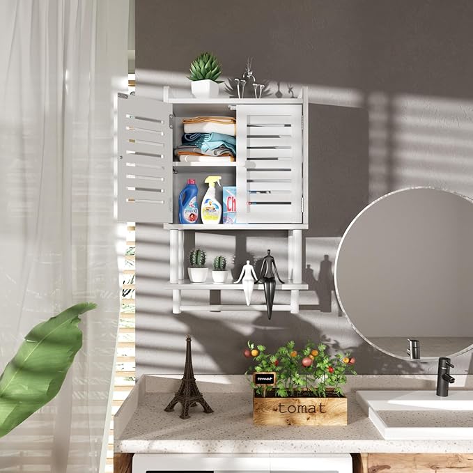AmazerBath Bathroom Wall Cabinets, Bamboo Medicine Cabinets with Towel Bar, Hanging Over The Toilet Storage Cabinet with Adju