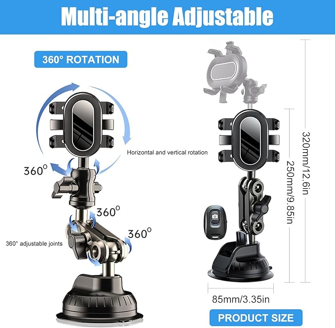 Car Phone Mount Video Recording, Universal 360° Rotating Arm Suction Cup Car Phone Holder Vlog Selfie Live Streaming Heavy Duty Car Phone Mount for Dashboard, Windshield, Sunroof (Black)