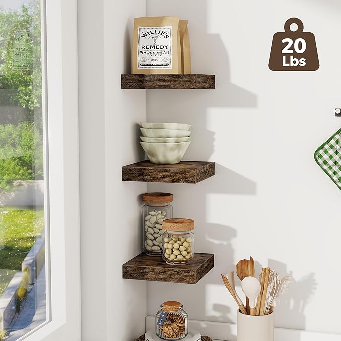 Fun Memories Small Floating Shelves for Wall - 8 Inch Square Wall Shelves with Invisible Brackets, Rustic Brown Shelves for B