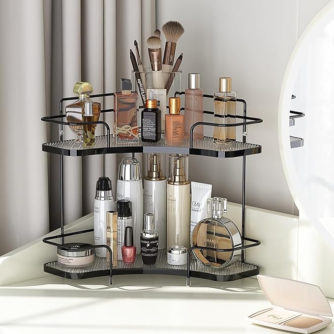 FOLLOWIN 2 Tier Bathroom Countertop Corner Organizer, Countertop Perfume Tray, Vanity Counter Shelf, Skincare Makeup Cosmetic