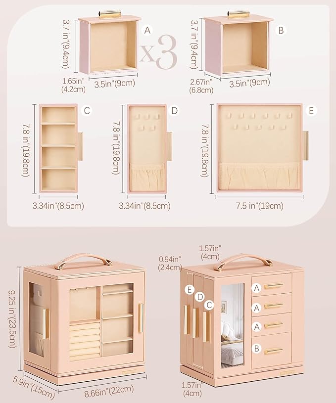 Homde Jewelry Box 360° Rotating, Necklace Earring Organizer with Transparent Window, Mirror, 7 Drawers, Large Ring Display St