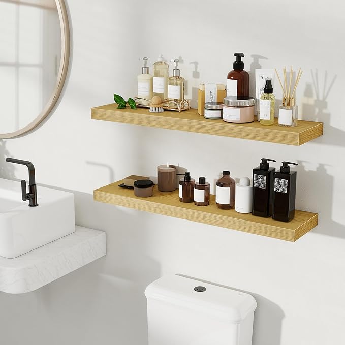 Fun Memories Rustic Wood Floating Shelves for Wall, Space-Saving Wall Mounted Shelves for Bathroom, Bedroom, Living Room and 