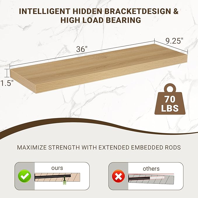 36 Inch Floating Shelves, 3D Textured Wood Grain, 36"x9.25"x1.5" Inch Deep Floating Shelves for Wall, Wooden Shelves for Bath