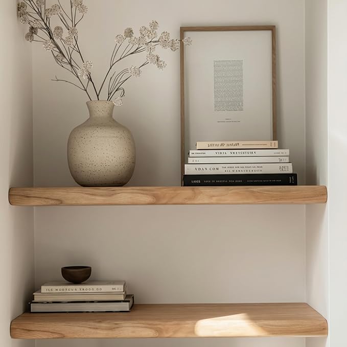 PERFNIQUE 24 Inch Floating Shelves Set of 2, Solid Elm Wood Rustic Live Edge Wall Decor Shelves - Invisible Bracket Mount for