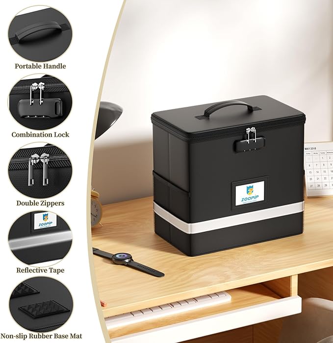Fireproof File Box with Lock, Document Box Storage Organizer, Suitable for Hanging File Folders in Letter Size, Collapsible F