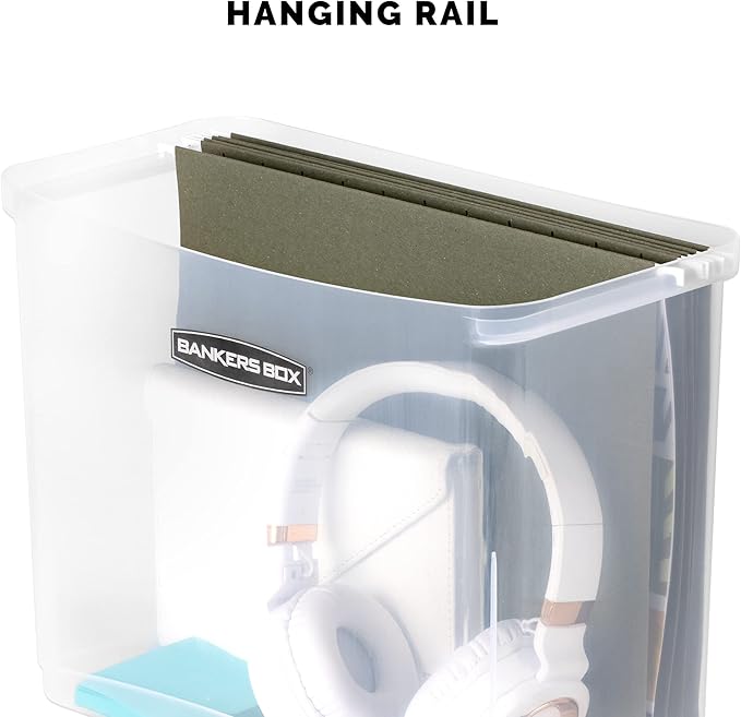 Bankers Box 1 Pack Portable Open Desktop Plastic File Storage Box with Hanging Rails, Side Handle, Organizer Bin, Letter