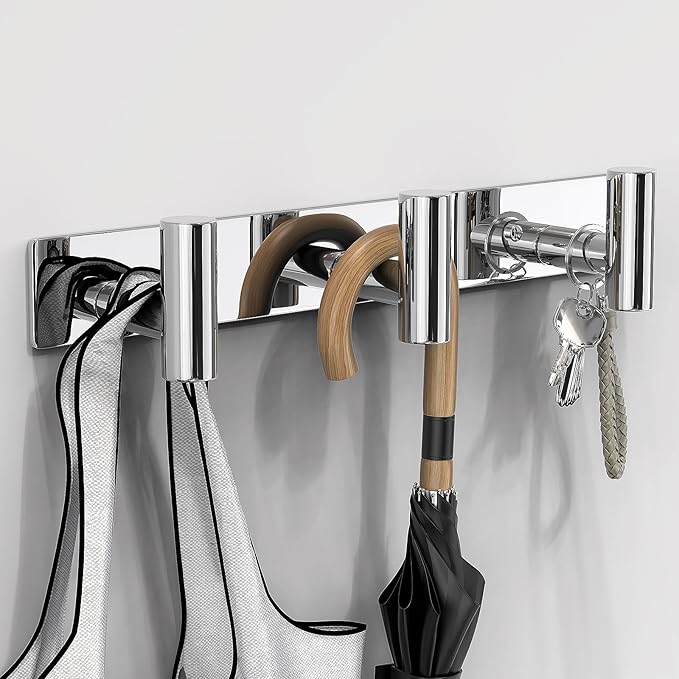 VAEHOLD Hat and Coat Wall Mount Rack - Hooks for Robes, Bags, Keys, and Towels - Bathroom Towel Hanger Organizer (Polished Ch