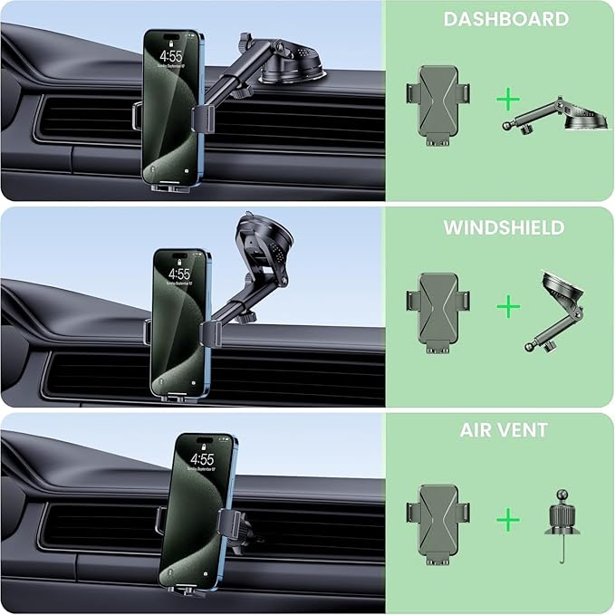 Universal Car Phone Mount Holder - [Military-Grade Suction Cup & Secure Clip] 3-in-1 Windshield, Dashboard, Air Vent Car Phone Mount Compatible with All iPhone & Smartphones