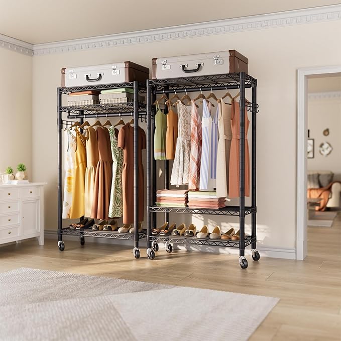 Heavy Duty Clothes Rack Rolling Garment Rack,3 Tier Adjustable Wire Shelving Clothing Racks for Hanging Clothes with Hanger R