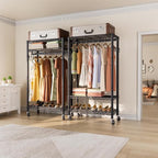 Heavy Duty Clothes Rack Rolling Garment Rack,3 Tier Adjustable Wire Shelving Clothing Racks for Hanging Clothes with Hanger R