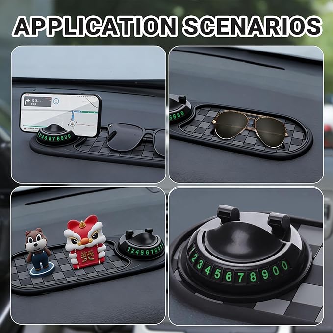 Multifunctional Car Anti-Slip Mat,Car Anti Slip Mat Phone Holder, with Temporary Parking Number, 360° Rotating Adjustable Uni