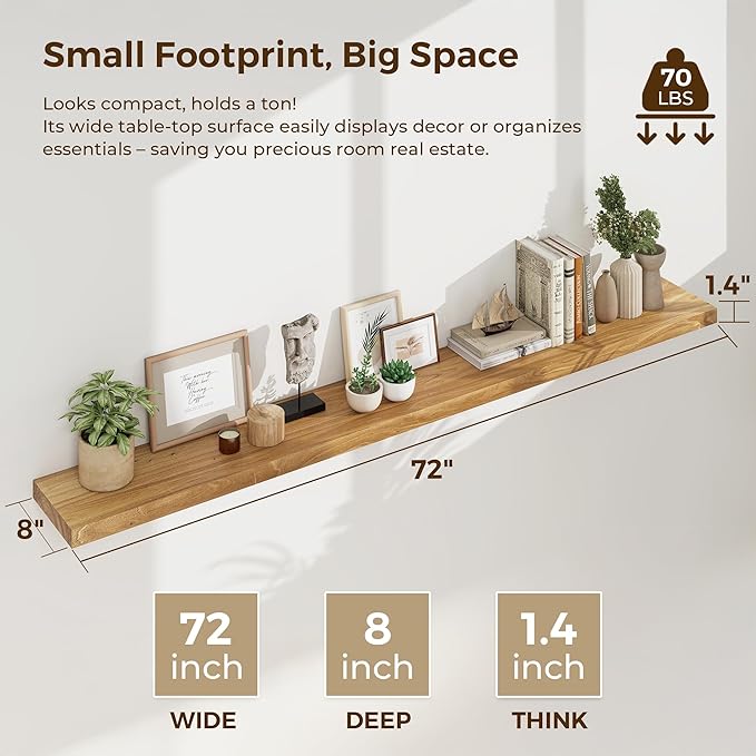 Dreamland 72 inch Floating Shelves for Wall Solid Elm Wood Wall Mounted Shelves|Rustic Long Floating Shelves with Invisible B
