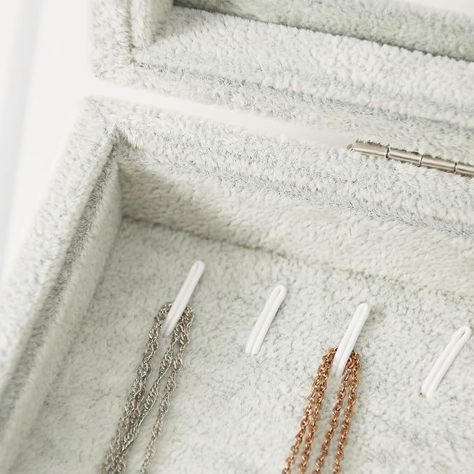 Coward 20 Hooks Necklace Organizer Jewelry Box, Grey Beige Velvet Necklace Display Tray Case with Transparent Glass Lid for H