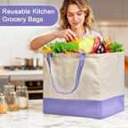 Reusable Grocery Bags Heavy Duty, 8.3 gal Foldable Large Canvas Tote Bag with Handles, Holds 60 lbs Canvas Shopping Bags, 1 Pack（Off White+Light purple）