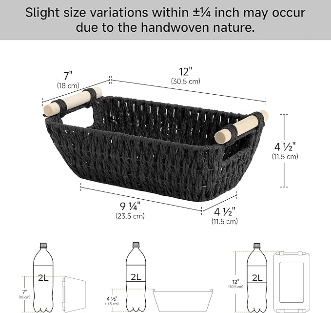 StorageWorks Black Wicker Storage Basket for Organizing with Wooden Handles, Small Woven Basket for Shelf, Toilet Paper, 2-Pa
