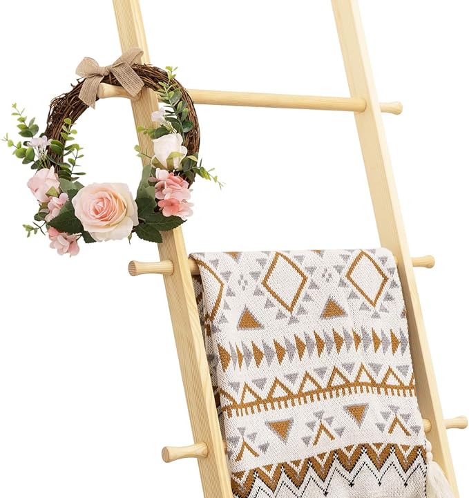 5-Tier Blanket Ladder – 4.8 Ft Wall Leaning Quilt Rack, Farmhouse Blanket Storage for Living Room, Bedroom & Bathroom – Rusti